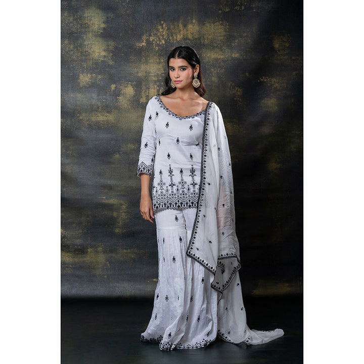 RIYAASAT White Resham and Mirror Embroidered Kurta with Sharara and Dupatta (Set of 3)