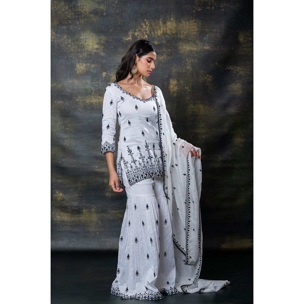 RIYAASAT White Resham and Mirror Embroidered Kurta with Sharara and Dupatta (Set of 3)