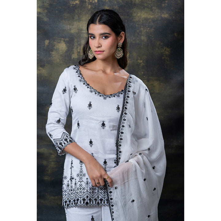 RIYAASAT White Resham and Mirror Embroidered Kurta with Sharara and Dupatta (Set of 3)