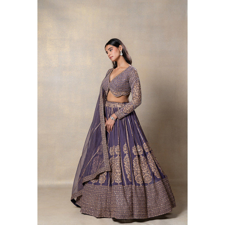 RIYAASAT Purple Heavily Embellished Georgette Lehenga with Blouse and Dupatta (Set of 3)