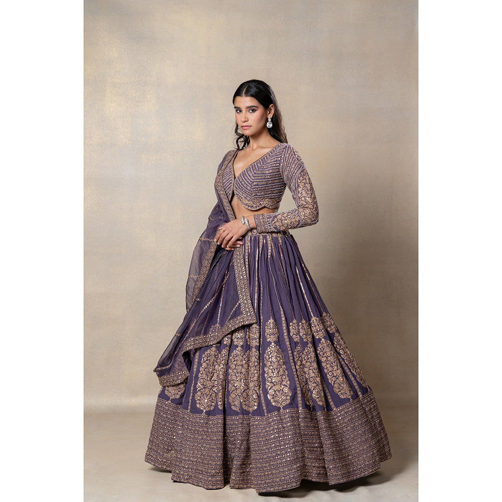 RIYAASAT Purple Heavily Embellished Georgette Lehenga with Blouse and Dupatta (Set of 3)