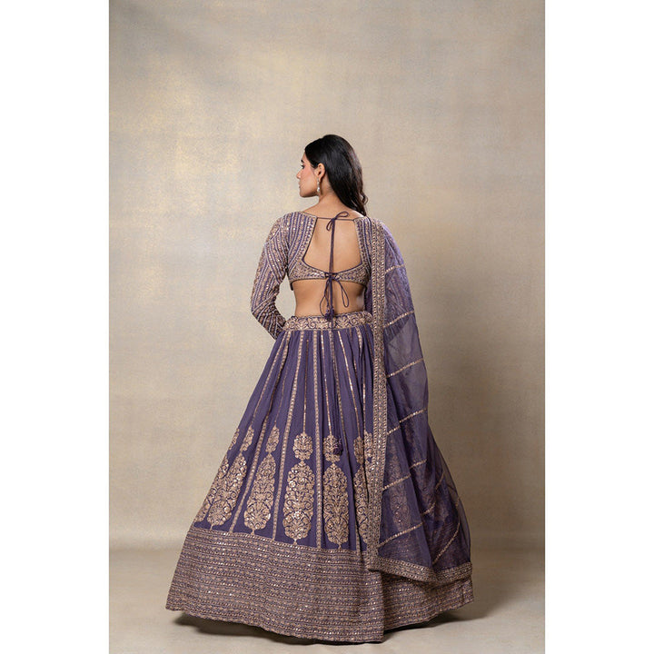 RIYAASAT Purple Heavily Embellished Georgette Lehenga with Blouse and Dupatta (Set of 3)