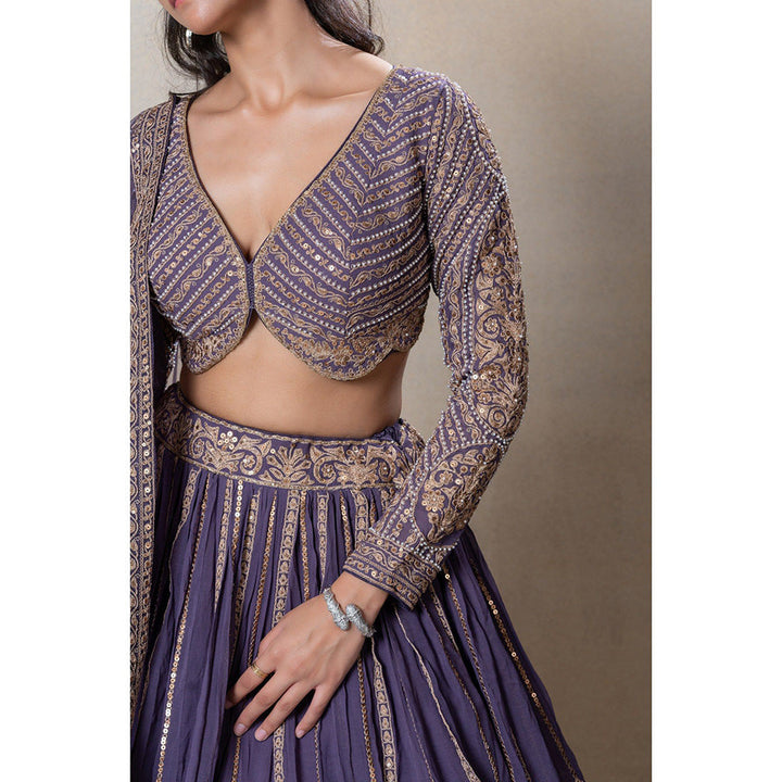 RIYAASAT Purple Heavily Embellished Georgette Lehenga with Blouse and Dupatta (Set of 3)