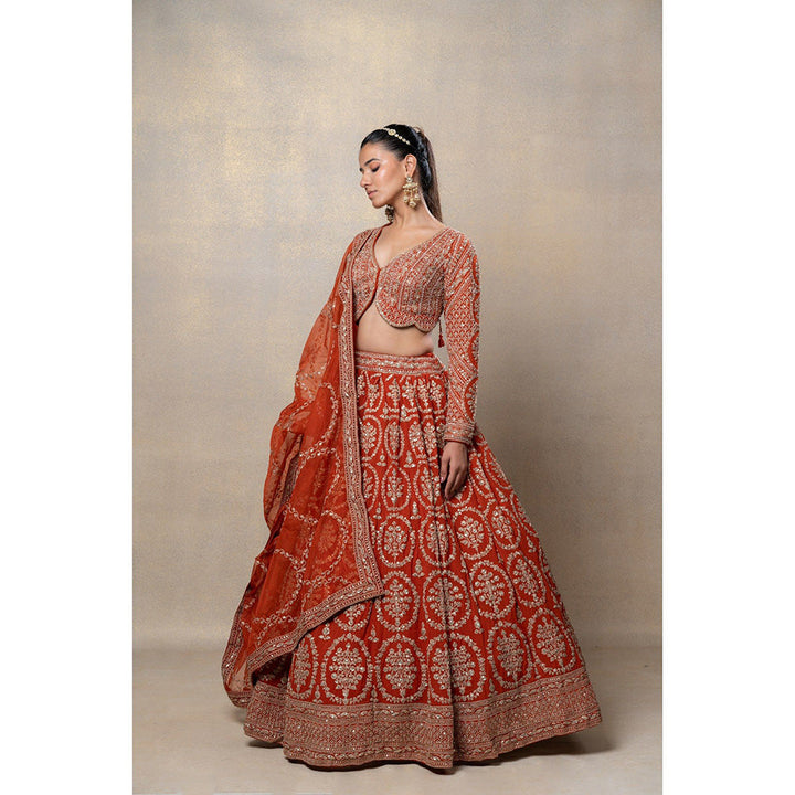 RIYAASAT Red Heavily Embellished Georgette Organza Lehenga with Blouse and Dupatta (Set of 3)