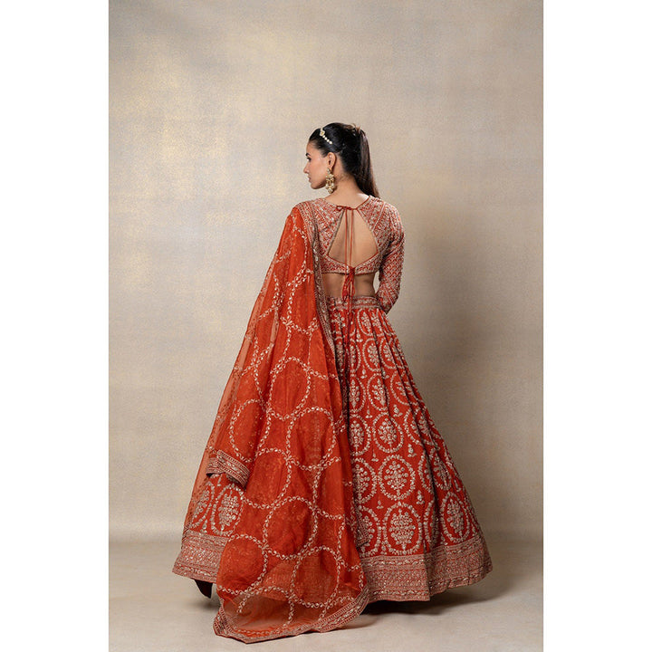 RIYAASAT Red Heavily Embellished Georgette Organza Lehenga with Blouse and Dupatta (Set of 3)