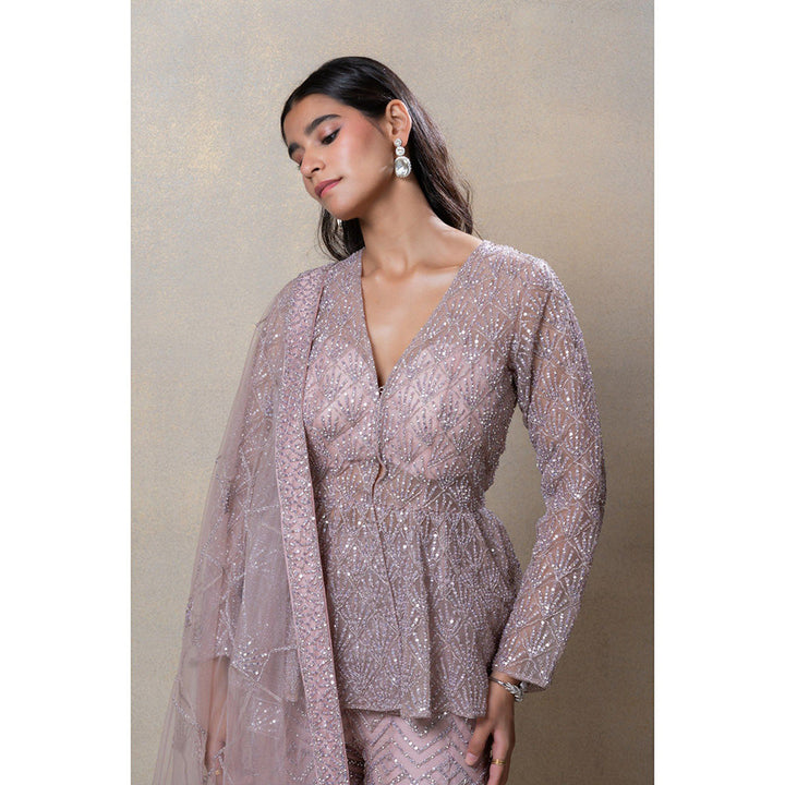 RIYAASAT Rose Gold Designer Net Indo-Western Co-Ord (Set of 3)