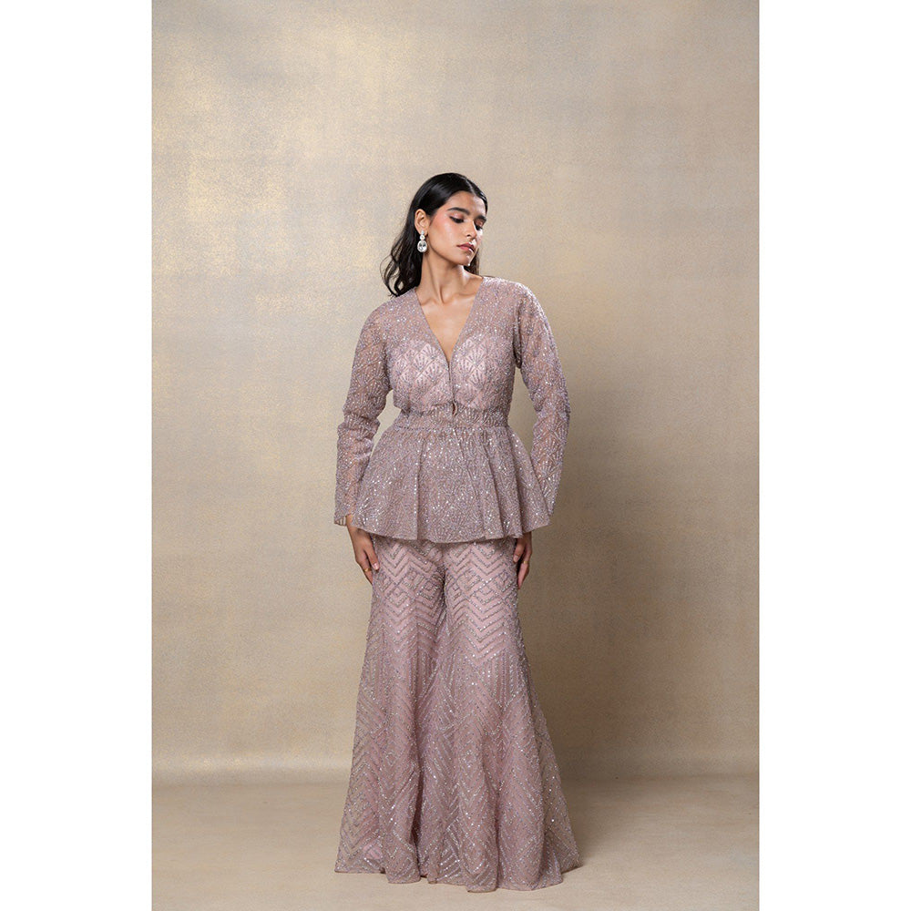 RIYAASAT Rose Gold Designer Net Indo-Western Co-Ord (Set of 3)