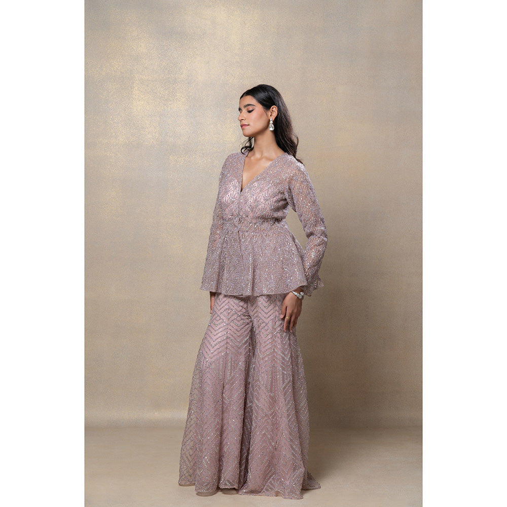 RIYAASAT Rose Gold Designer Net Indo-Western Co-Ord (Set of 3)