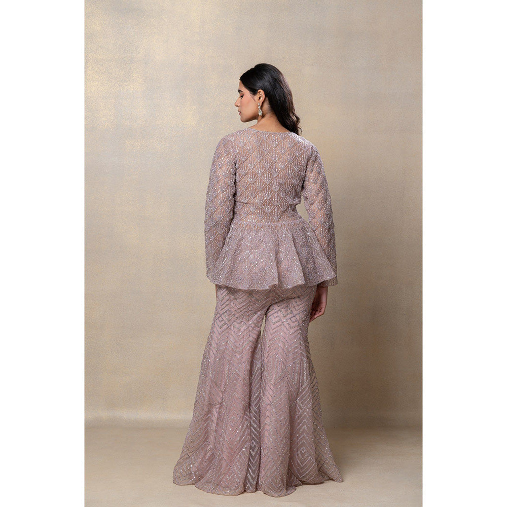 RIYAASAT Rose Gold Designer Net Indo-Western Co-Ord (Set of 3)