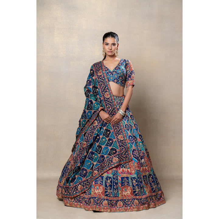 RIYAASAT Peacock Blue Soft Silk Sequinned Lehenga with Blouse and Dupatta (Set of 3)