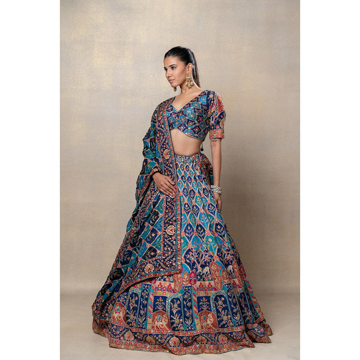 RIYAASAT Peacock Blue Soft Silk Sequinned Lehenga with Blouse and Dupatta (Set of 3)