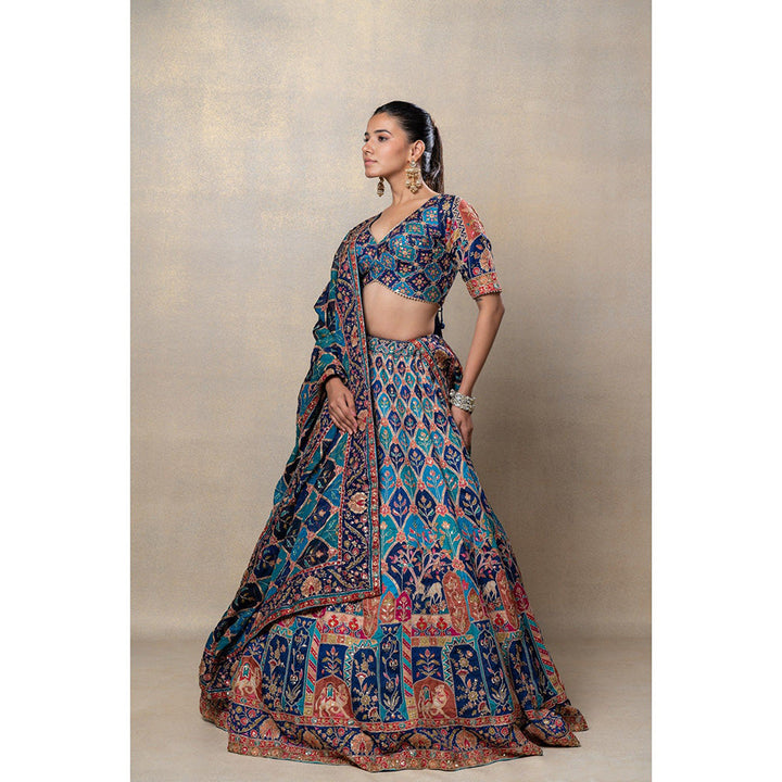 RIYAASAT Peacock Blue Soft Silk Sequinned Lehenga with Blouse and Dupatta (Set of 3)