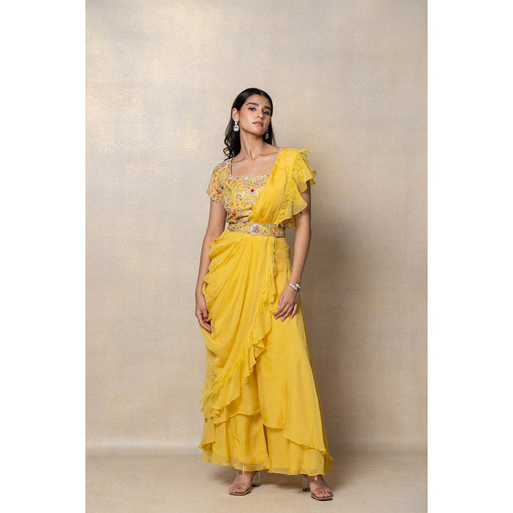 RIYAASAT Sunflower Yellow Organza Silk Indo-Western Drapped Palazzo with Blouse (Set of 2)