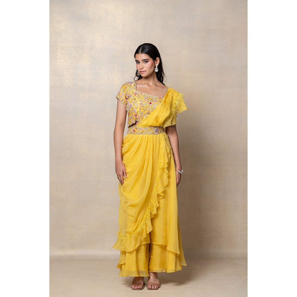 RIYAASAT Sunflower Yellow Organza Silk Indo-Western Drapped Palazzo with Blouse (Set of 2)