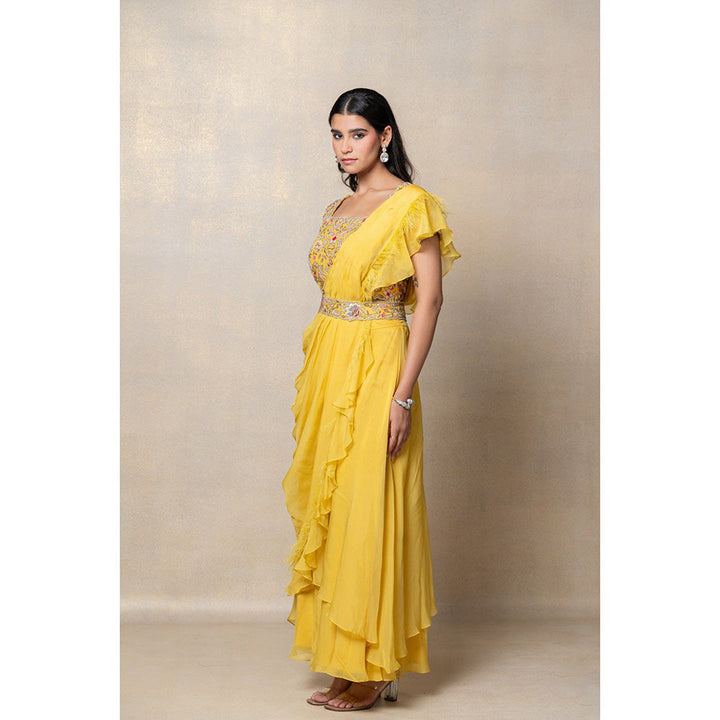 RIYAASAT Sunflower Yellow Organza Silk Indo-Western Drapped Palazzo with Blouse (Set of 2)