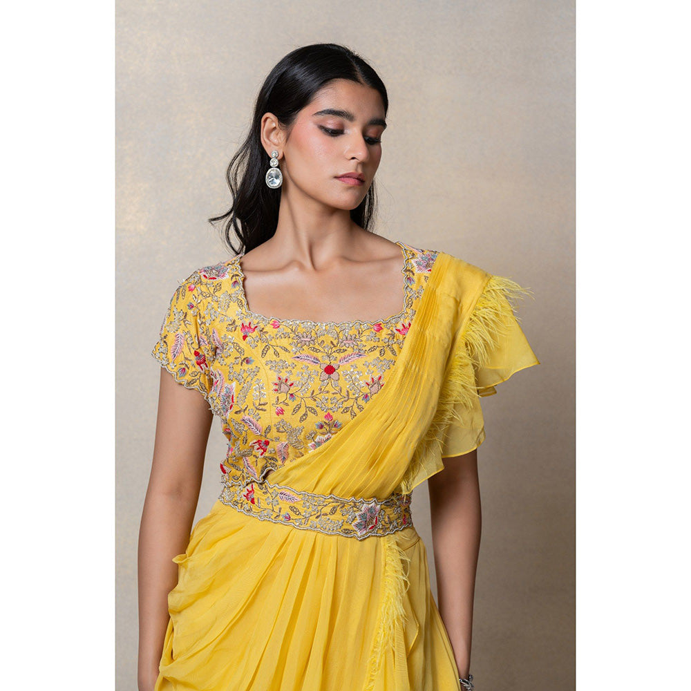 RIYAASAT Sunflower Yellow Organza Silk Indo-Western Drapped Palazzo with Blouse (Set of 2)