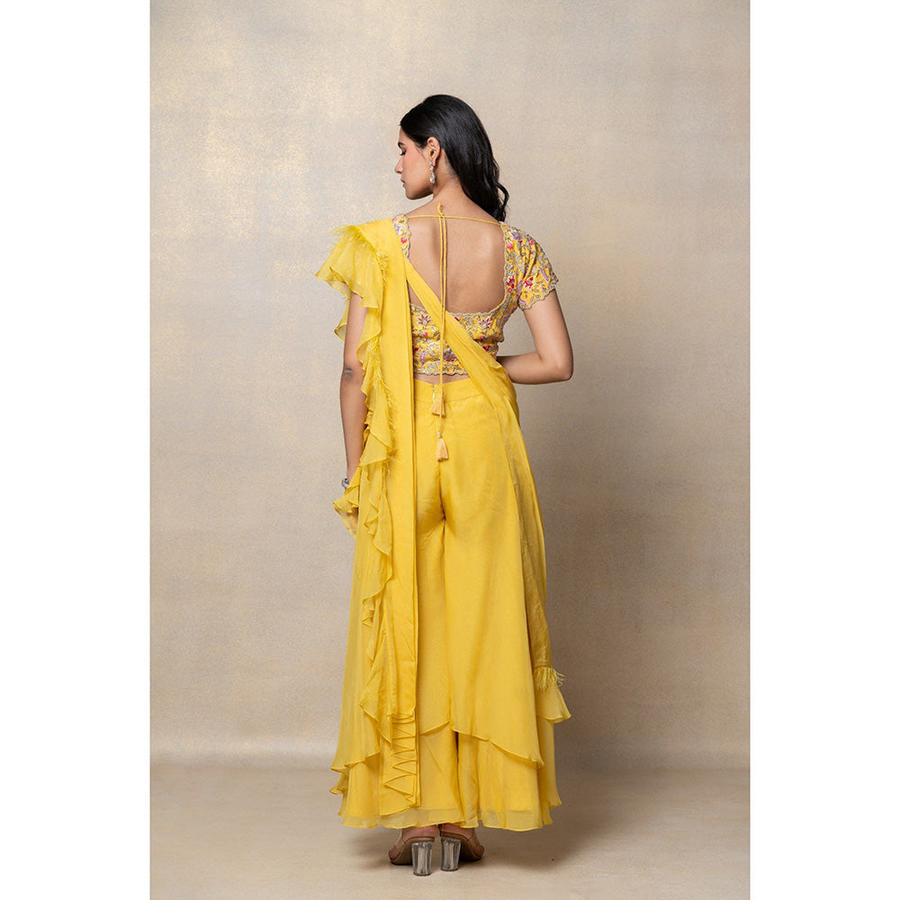 RIYAASAT Sunflower Yellow Organza Silk Indo-Western Drapped Palazzo with Blouse (Set of 2)