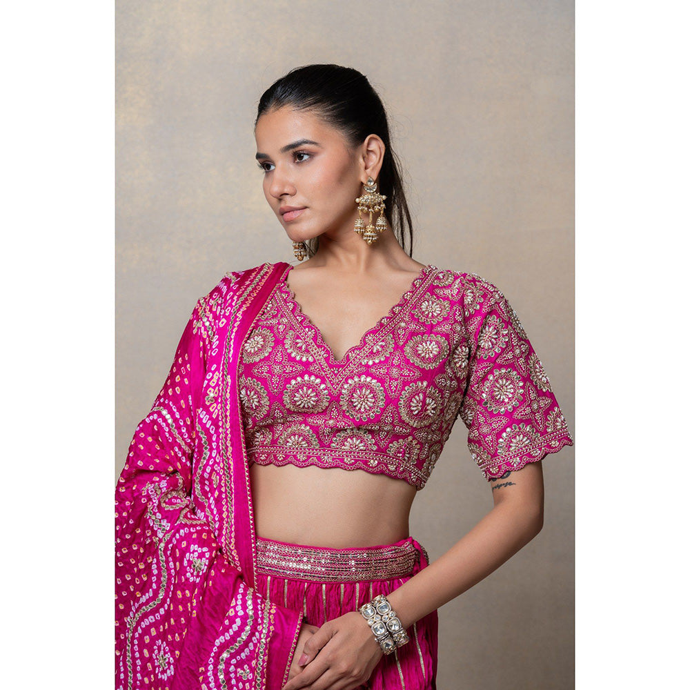 RIYAASAT Magenta Pink Sequinned Crepe Silk Lehenga with Blouse and Dupatta (Set of 3)