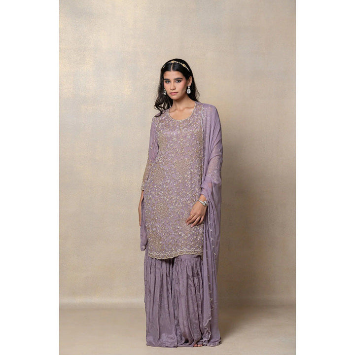 RIYAASAT Mauve Cutdana Embellished Satin Silk Kurta with Sharara and Dupattta (Set of 3)