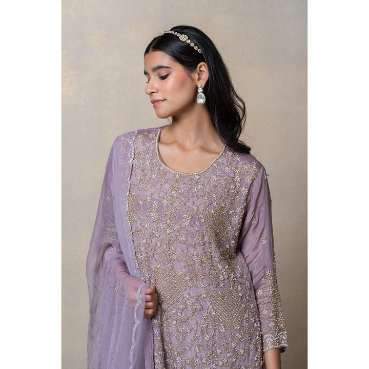 RIYAASAT Mauve Cutdana Embellished Satin Silk Kurta with Sharara and Dupattta (Set of 3)