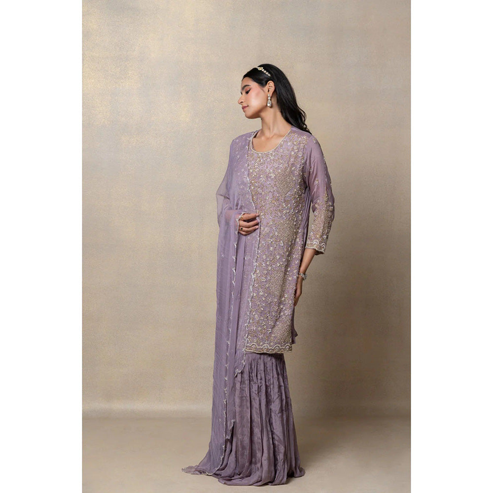 RIYAASAT Mauve Cutdana Embellished Satin Silk Kurta with Sharara and Dupattta (Set of 3)