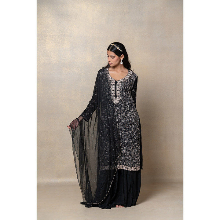 RIYAASAT Jet Black Satin Silk Sequinned Kurta with Palazzo and Dupatta (Set of 3)