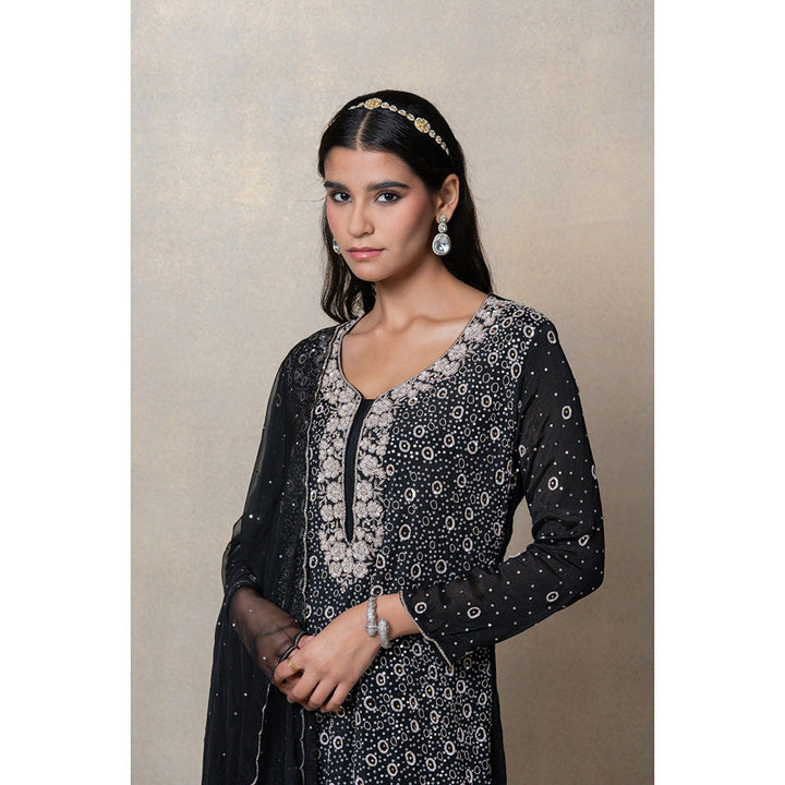 RIYAASAT Jet Black Satin Silk Sequinned Kurta with Palazzo and Dupatta (Set of 3)