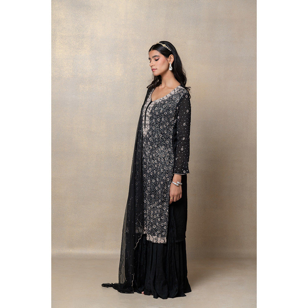 RIYAASAT Jet Black Satin Silk Sequinned Kurta with Palazzo and Dupatta (Set of 3)