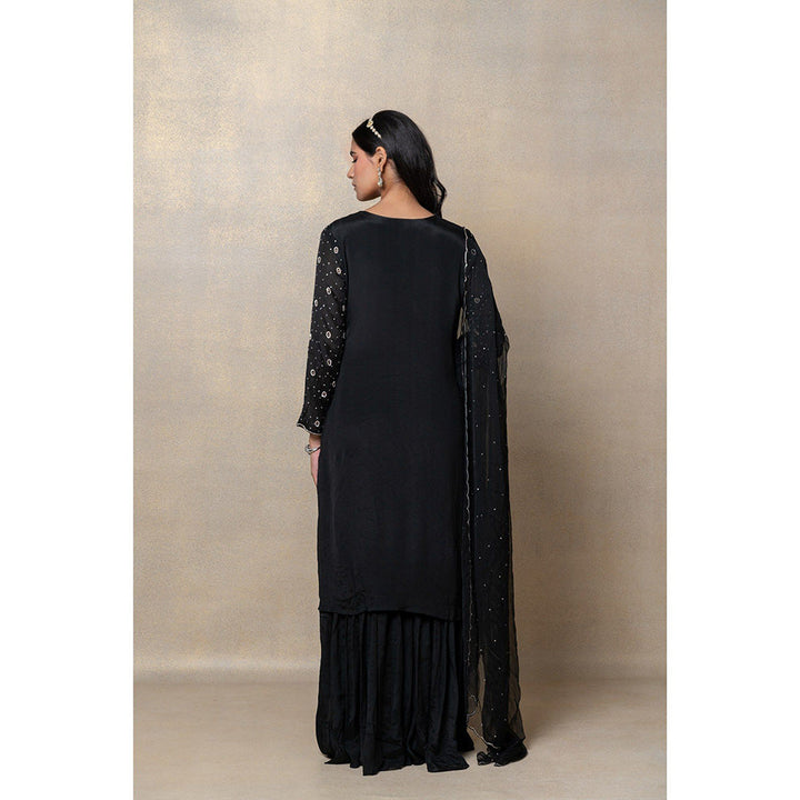 RIYAASAT Jet Black Satin Silk Sequinned Kurta with Palazzo and Dupatta (Set of 3)