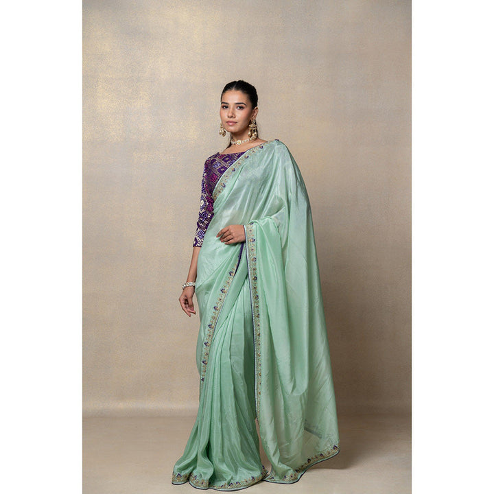 RIYAASAT Sage Green Crepe Silk Saree with Stitched Blouse