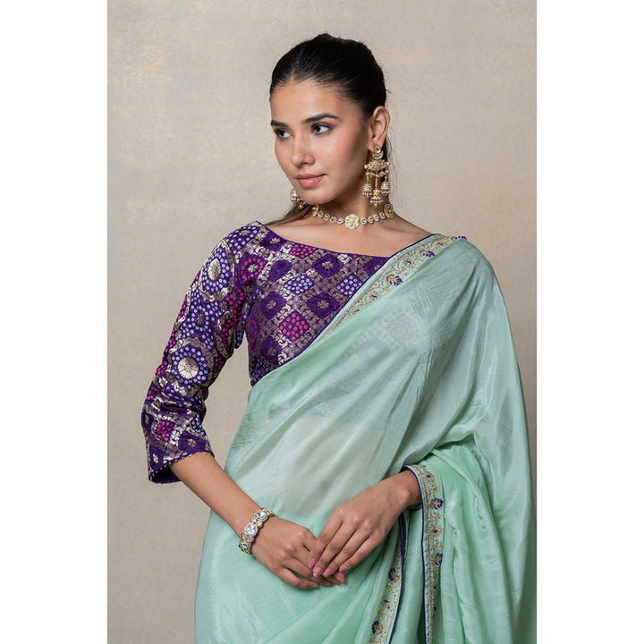 RIYAASAT Sage Green Crepe Silk Saree with Stitched Blouse