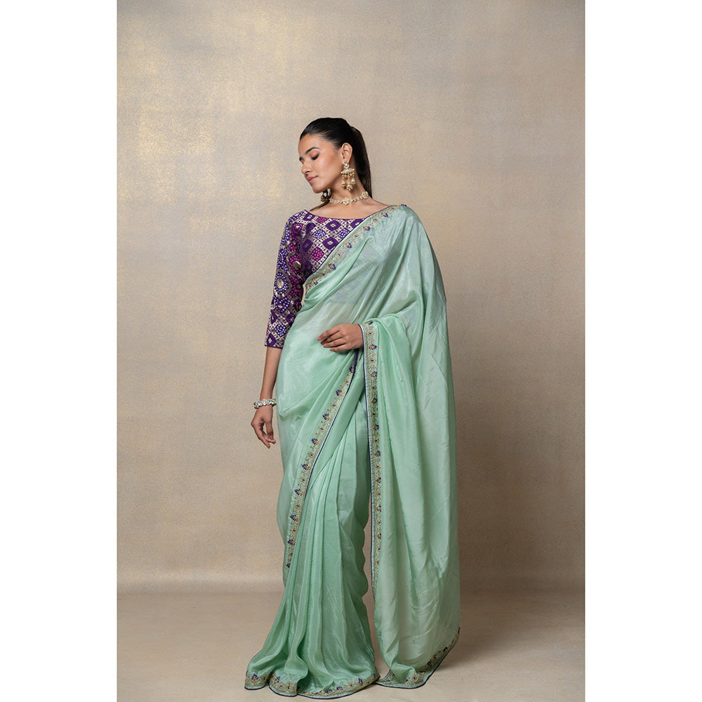 RIYAASAT Sage Green Crepe Silk Saree with Stitched Blouse