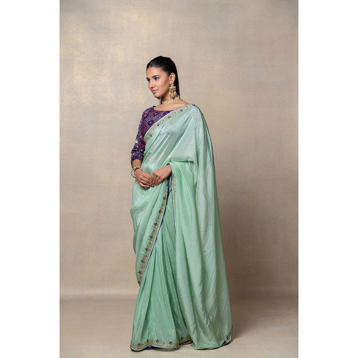 RIYAASAT Sage Green Crepe Silk Saree with Stitched Blouse