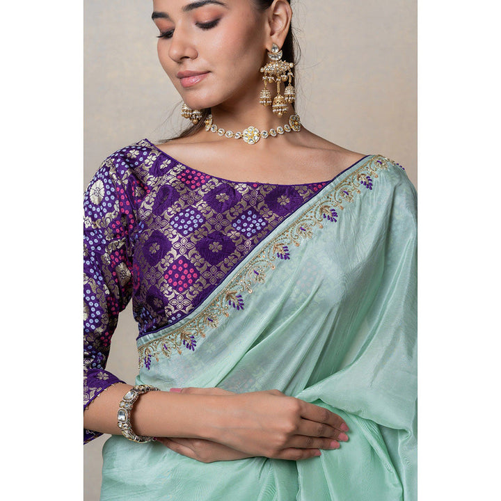 RIYAASAT Sage Green Crepe Silk Saree with Stitched Blouse