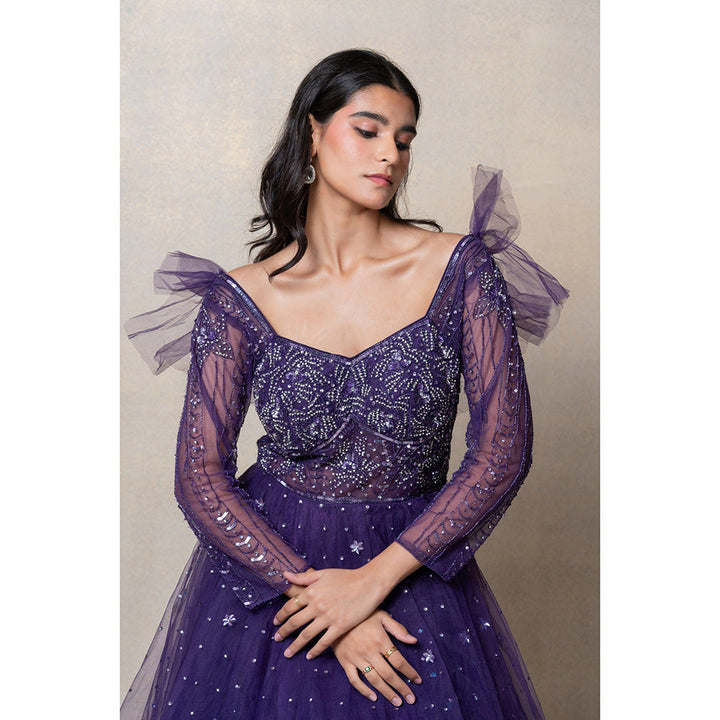 RIYAASAT Violet Purple Sequinned Net Gown