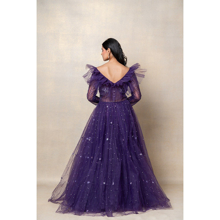 RIYAASAT Violet Purple Sequinned Net Gown