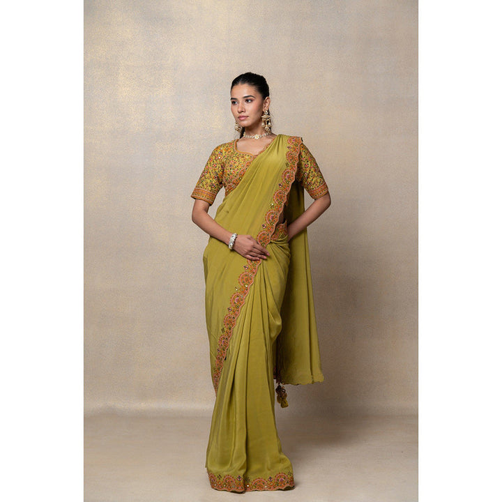 RIYAASAT Green Crepe Silk Resham and Mirror Embroidered Saree with Stitched Blouse