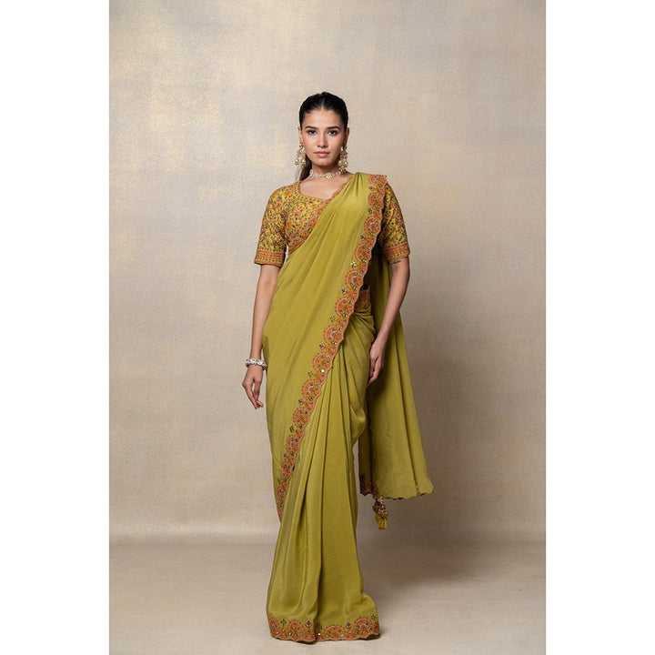 RIYAASAT Green Crepe Silk Resham and Mirror Embroidered Saree with Stitched Blouse