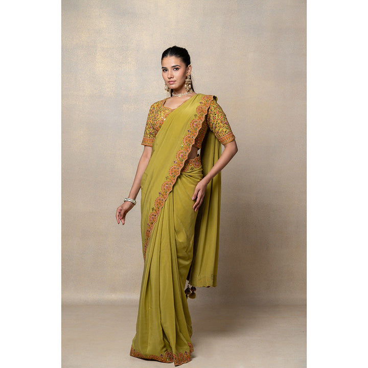 RIYAASAT Green Crepe Silk Resham and Mirror Embroidered Saree with Stitched Blouse