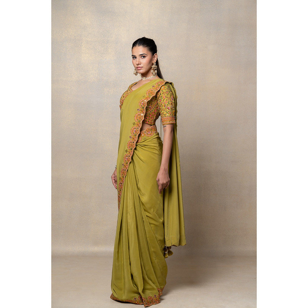 RIYAASAT Green Crepe Silk Resham and Mirror Embroidered Saree with Stitched Blouse