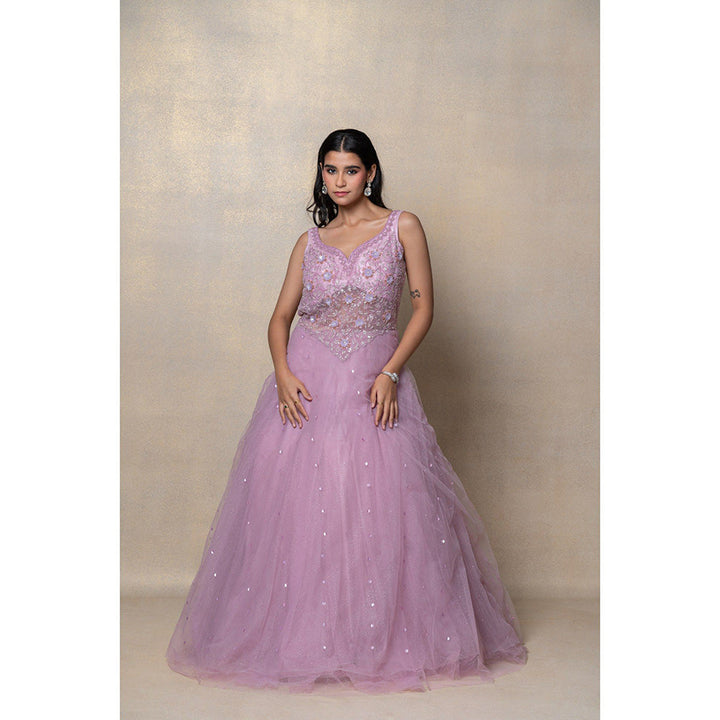 RIYAASAT Bright Lilac Sequinned Net Gown