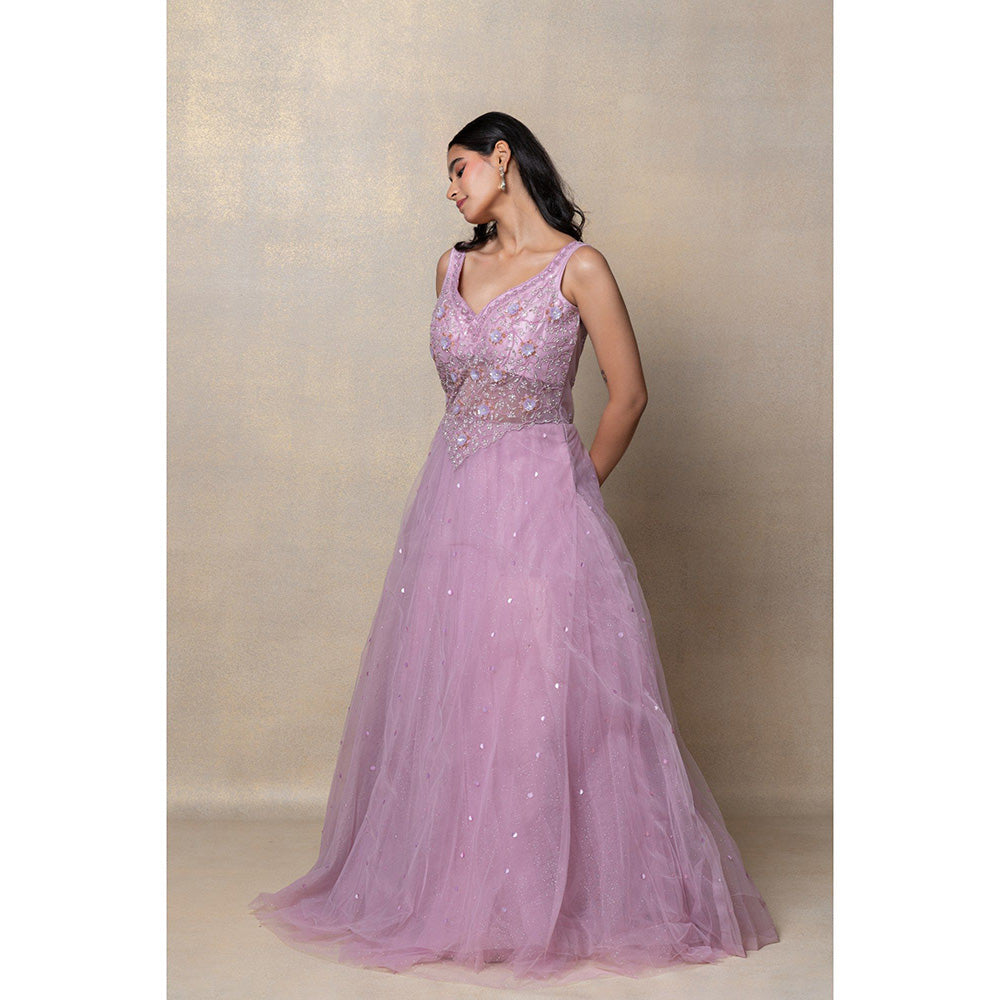 RIYAASAT Bright Lilac Sequinned Net Gown