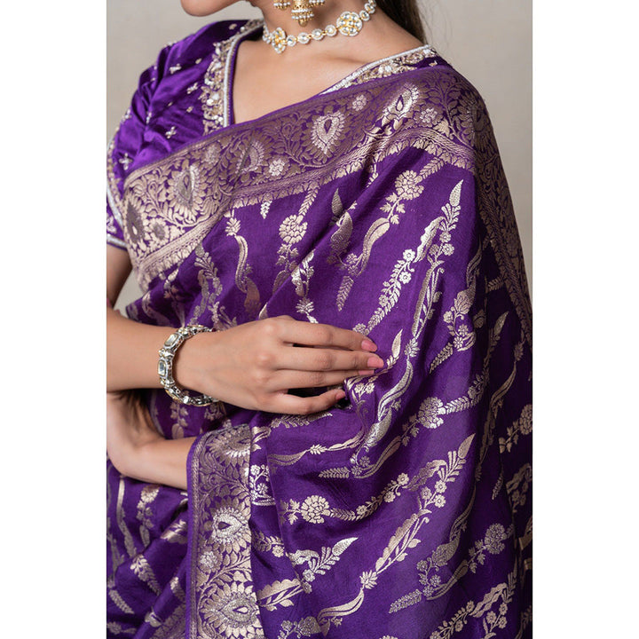 RIYAASAT Deep Purple Silk Saree with Stitched Blouse