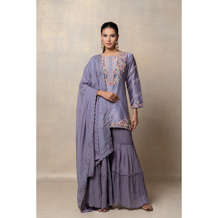 RIYAASAT Lavender Satin Silk Resham Embroidered Kurta with Sharara and Dupatta (Set of 3)