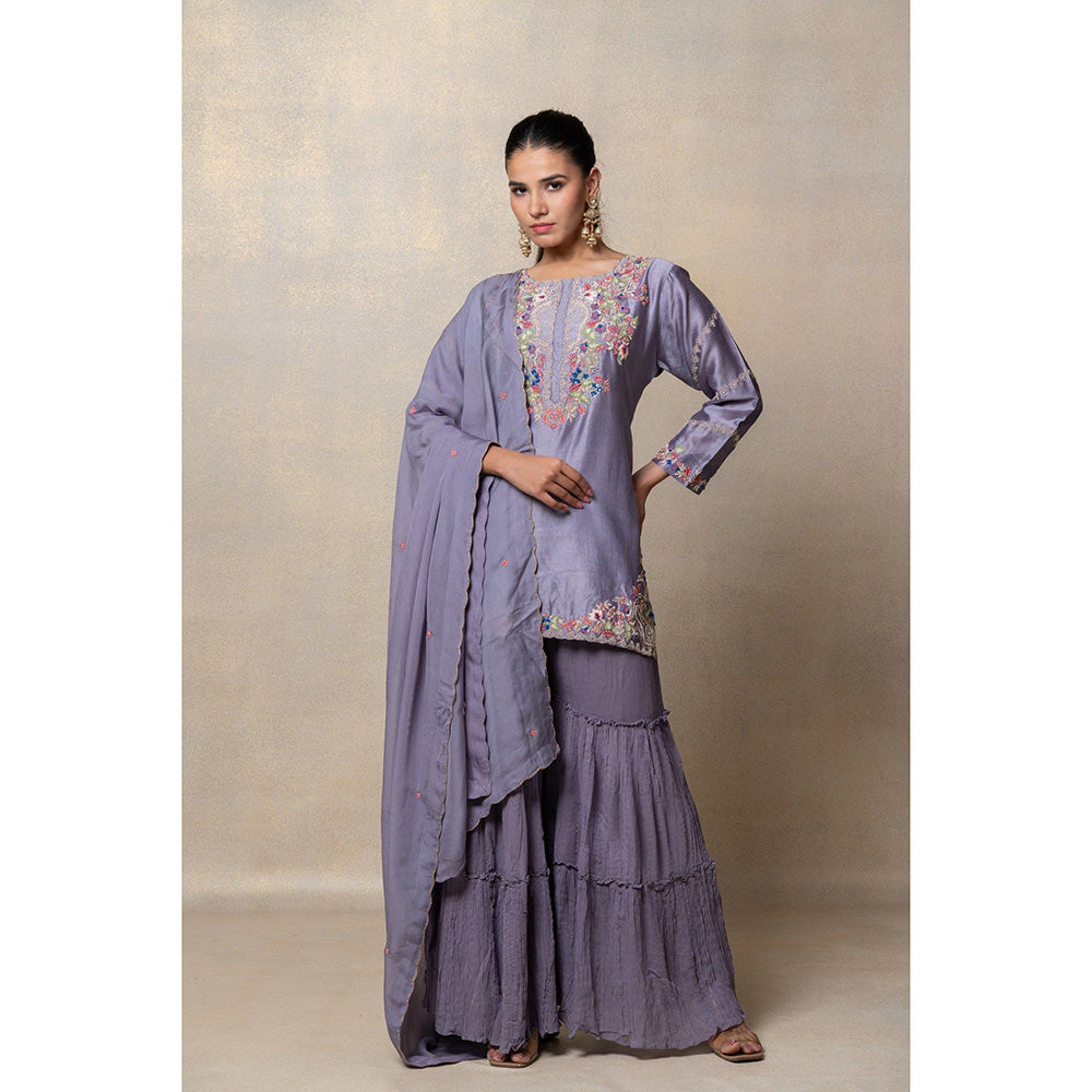 RIYAASAT Lavender Satin Silk Resham Embroidered Kurta with Sharara and Dupatta (Set of 3)