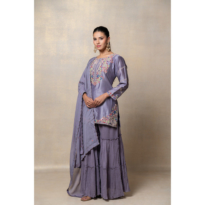 RIYAASAT Lavender Satin Silk Resham Embroidered Kurta with Sharara and Dupatta (Set of 3)