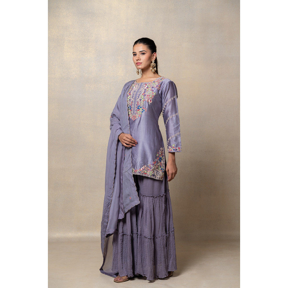 RIYAASAT Lavender Satin Silk Resham Embroidered Kurta with Sharara and Dupatta (Set of 3)