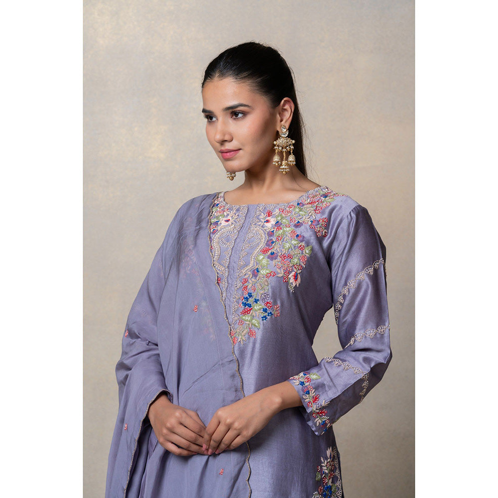 RIYAASAT Lavender Satin Silk Resham Embroidered Kurta with Sharara and Dupatta (Set of 3)