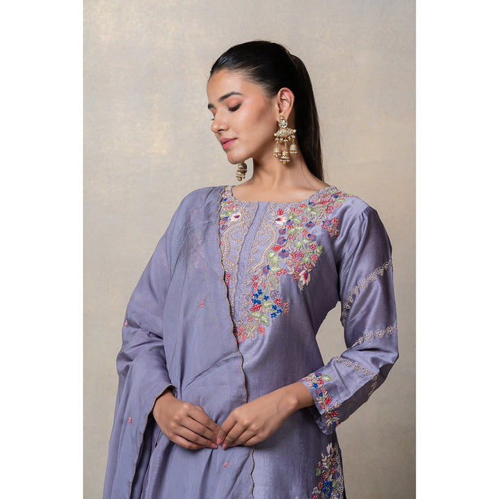 RIYAASAT Lavender Satin Silk Resham Embroidered Kurta with Sharara and Dupatta (Set of 3)