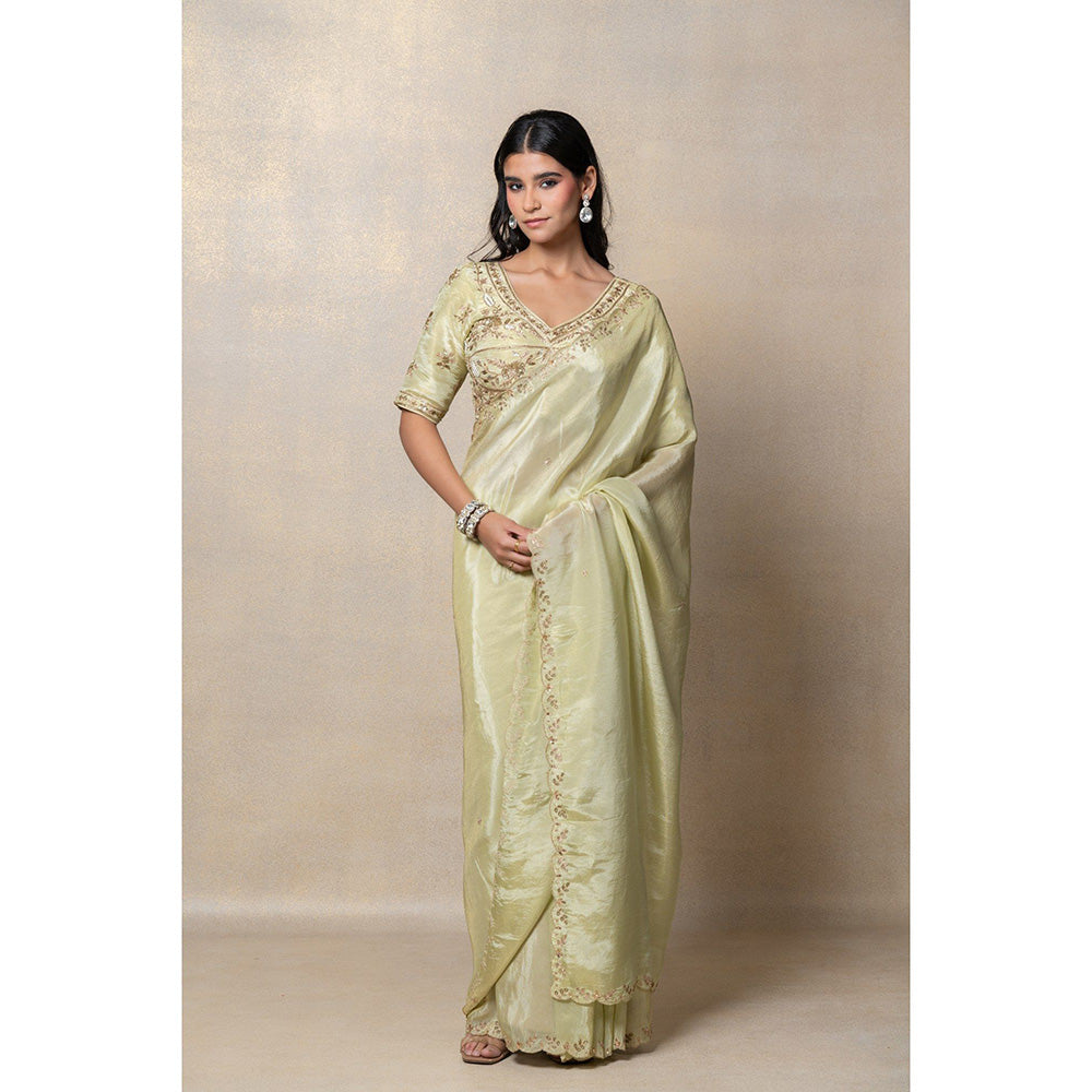 RIYAASAT Pista Green Silk Zari Embroidery Saree and Unstiched Blouse